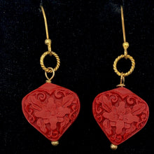 Load image into Gallery viewer, Carved Red Cinnabar Orchid Heart Bead 14K Gold Filled Earrings | 1 3/4" Long |