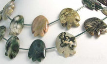 Load image into Gallery viewer, 2 Hand Carved Ocean Jasper Fish Beads | 24x20x5mm-17x18x7mm | Green and Grey - PremiumBead Primary Image 1