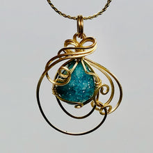 Load image into Gallery viewer, Druzy Chrysocolla 14K Gold Filled Wire Wrap Pendant| 1 1/4" Long|Blue| 1 Pendant