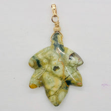 Load image into Gallery viewer, Ryolite Rain Tree Jasper 14K Gold Filled Leaf Pendant| 2" Long| Green| 1 Pendant