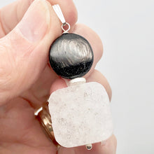 Load image into Gallery viewer, White Druzy Quartz and Hypersthene 20mm Square Coin Silver Pendant | 2" Long |