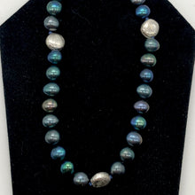 Load image into Gallery viewer, Dramatic Blue Rainbow Peacock Freshwater Pearl Sterling Silver Necklace 20 inch