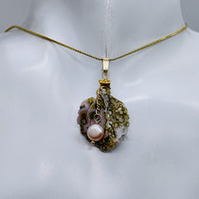 Load image into Gallery viewer, Ocean Jasper Leaf w/Pearl 14K Gold Filled Pendant | 1 1/2" Long | Yellow/White |