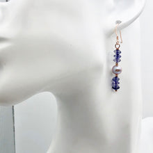 Load image into Gallery viewer, Vibrant Faceted Iolite and Pearl Dangling Earrings |Rose Gold | 1 3/4" Long |