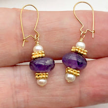 Load image into Gallery viewer, Amethyst Roundel and Pearl 14K Gold Filled Drop Earrings| 1 1/4" Long| Purple |