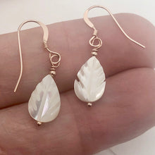 Load image into Gallery viewer, Shimmer! Carved Mother of Pearl 14K Rose Gold Filled Leaf Earrings| 1 1/4" Long|