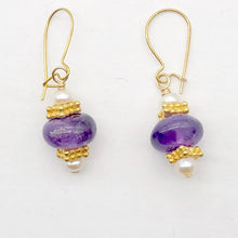 Load image into Gallery viewer, Amethyst Roundel and Pearl 14K Gold Filled Drop Earrings| 1 1/4" Long| Purple |