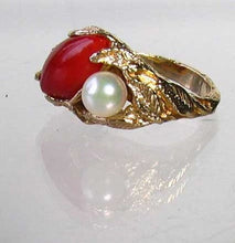 Load image into Gallery viewer, Natural Red Coral & Pearl Carved Solid 14Kt Yellow Gold Ring Size 5.75 9982D - PremiumBead Alternate Image 6