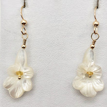 Load image into Gallery viewer, Shimmer! Carved Mother of Pearl Flower Earrings w/Yellow Sapphire Center 14Kgf - PremiumBead Primary Image 1