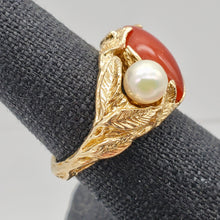 Load image into Gallery viewer, Natural Red Coral & Pearl Carved Solid 14Kt Yellow Gold Ring Size 5.75 9982D - PremiumBead Alternate Image 9