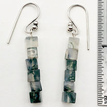 Load image into Gallery viewer, Sterling Silver Moss Agate Cube Bead Earrings | 2 inches long | Green/Clear |