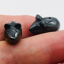 Load image into Gallery viewer, Two Carved Hematite Mouse Beads | 20.5x12x10.5 mm | Grey