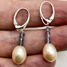 Load image into Gallery viewer, AAA Natural Pink 14x10mm Pearl and Blue Sapphires Solid Sterling Silver Earrings - PremiumBead Alternate Image 3