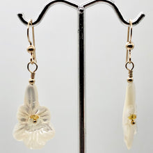 Load image into Gallery viewer, Shimmer! Carved Mother of Pearl Flower Earrings w/Yellow Sapphire Center 14Kgf - PremiumBead Alternate Image 6
