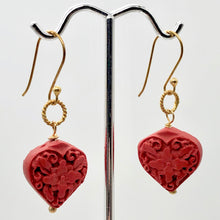 Load image into Gallery viewer, Carved Red Cinnabar Orchid Heart Bead 14K Gold Filled Earrings | 1 3/4" Long |