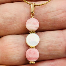 Load image into Gallery viewer, Rhodocrosite/Mother of Pearl 14K Gold Filled Pendant | 11/2" Long | Pink/White |