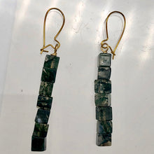 Load image into Gallery viewer, 14k-gold-filled-moss-agate-cube-bead-earrings-2-inches-long-green-clear Primary Image 1