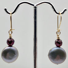 Load image into Gallery viewer, Platinum Freshwater Coin Pearl and Garnet 14kgf Dangling Earrings | 1 3/8 Inch |