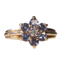 Load image into Gallery viewer, Tanzanite & Diamond Solid 10Kt Yellow Gold Flower Ring Size 7 9982F