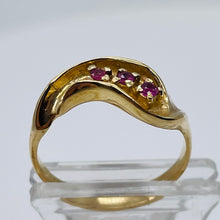 Load image into Gallery viewer, Three Stone Natural Red Ruby in Solid 14Kt Yellow Gold Ring Size 6 9982x