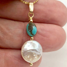 Load image into Gallery viewer, Natural Turquoise & Drop FW Pearl 14Kgf Pendant | 1 3/8" long | - PremiumBead Alternate Image 3