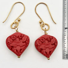 Load image into Gallery viewer, Carved Red Cinnabar Orchid Heart Bead 14K Gold Filled Earrings | 1 3/4" Long |