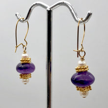 Load image into Gallery viewer, Amethyst Roundel and Pearl 14K Gold Filled Drop Earrings| 1 1/4" Long| Purple |
