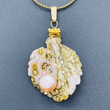 Load image into Gallery viewer, Ocean Jasper Leaf w/Pearl 14K Gold Filled Pendant | 1 1/2" Long | Yellow/White |