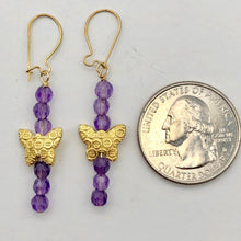 Load image into Gallery viewer, Butterfly and Natural Faceted Amethyst 14K Gold Filled Earrings. | 1 3/4" Long |