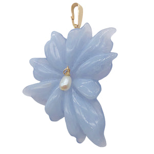 Hand Carved Blue Chalcedony Flower 14K Gold Filled Pendant! | 2 1/4" Long |