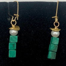 Load image into Gallery viewer, Exotic! Malachite Cube Beads Pearl 14K Gold Filled Earrings! | 1 3/8 inch Long |