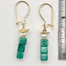 Load image into Gallery viewer, Exotic! Malachite Cube Beads Pearl 14K Gold Filled Earrings! | 1 3/8 inch Long |