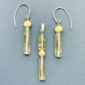 Yellow Fluorite Tube Earrings and Pendant Matched Set 14K Gold Filled Findings