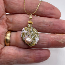 Load image into Gallery viewer, Ocean Jasper Leaf w/Pearl 14K Gold Filled Pendant | 1 1/2" Long | Yellow/White |