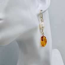 Load image into Gallery viewer, Topaz Pearl 14K Gold Filled Dangle Earrings | 2 1/4" Long | Orange White | 1 |