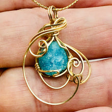 Load image into Gallery viewer, Druzy Chrysocolla 14K Gold Filled Wire Wrap Pendant| 1 1/4" Long|Blue| 1 Pendant