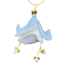 Load image into Gallery viewer, Blue Chalcedony Druzy Carved Flower Bead 14Kgf Pendant | 2 3/4" Long | Blue |