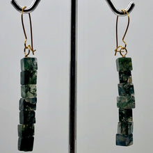 Load image into Gallery viewer, 14k-gold-filled-moss-agate-cube-bead-earrings-2-inches-long-green-clear Alternate Image 3