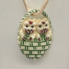 Load image into Gallery viewer, Twin Carved Kitty Cats in a Basket Waterbuffalo Bone Bead 10754 | 30x21x5mm | cream, black and green - PremiumBead Primary Image 1