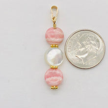 Load image into Gallery viewer, Rhodocrosite/Mother of Pearl 14K Gold Filled Pendant | 11/2" Long | Pink/White |