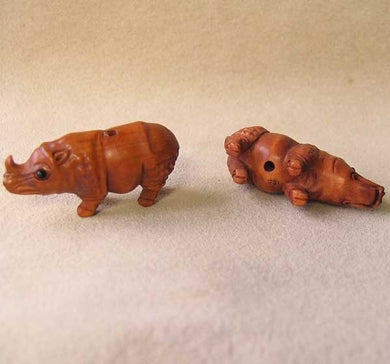 Carved & Signed Boxwood Rhinoceros Ojime/Netsuke Bead - PremiumBead Primary Image 1