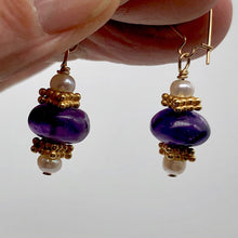 Load image into Gallery viewer, Amethyst Roundel and Pearl 14K Gold Filled Drop Earrings| 1 1/4" Long| Purple |