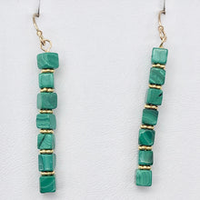 Load image into Gallery viewer, Exotic! Malachite Cube Beads 14K Gold Filled Earrings! | 2 inch Long |