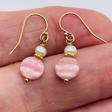 Load image into Gallery viewer, Rhodochrosite and Pearl Drop 14K Gold Filled Earrings | 1 1/2" Long |