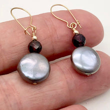 Load image into Gallery viewer, Platinum Freshwater Coin Pearl and Garnet 14kgf Dangling Earrings | 1 3/8 Inch |