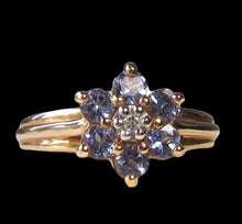 Load image into Gallery viewer, Tanzanite & Diamond Solid 10Kt Yellow Gold Flower Ring Size 7 9982F