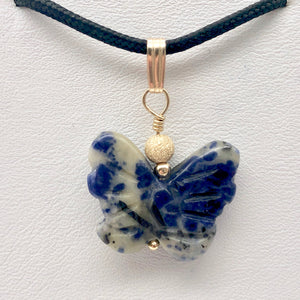 Semi Precious Stone Jewelry Flying Butterfly Pendant Necklace of Sodalite/Gold - PremiumBead Alternate Image 2