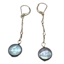 Load image into Gallery viewer, Platinum Freshwater Coin Pearl and Sterling Dangling Earrings 309447B