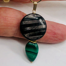 Load image into Gallery viewer, Hypersthene, Malachite 14K Gold Filled Pendant| 1 3/4" Long| Silver Gray Green |