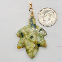 Load image into Gallery viewer, Ryolite Rain Tree Jasper 14K Gold Filled Leaf Pendant| 2" Long| Green| 1 Pendant